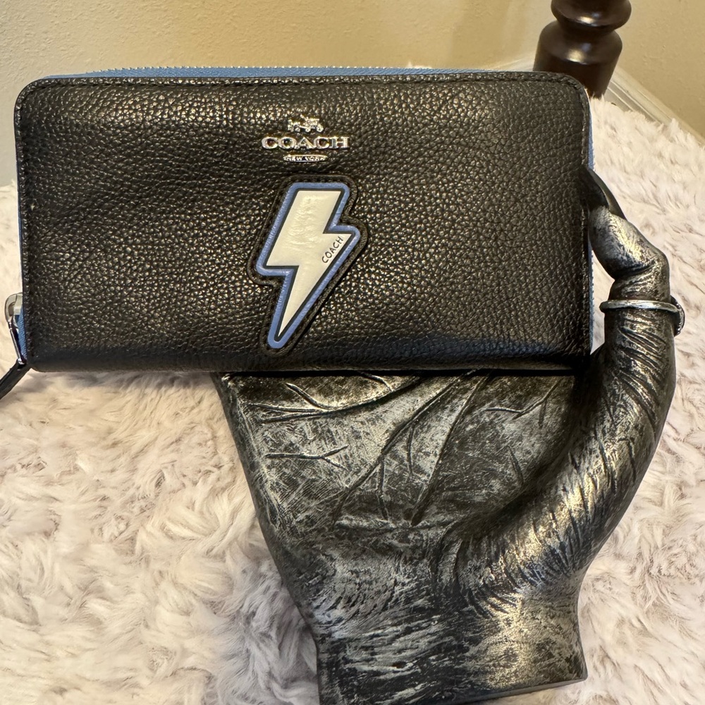 Coach Lightning Bolt Black Leather Zip Accordion Wallet F59336